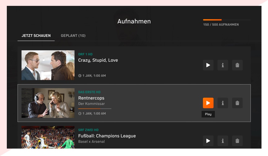 Original Zattoo recordings interface on a TV screen