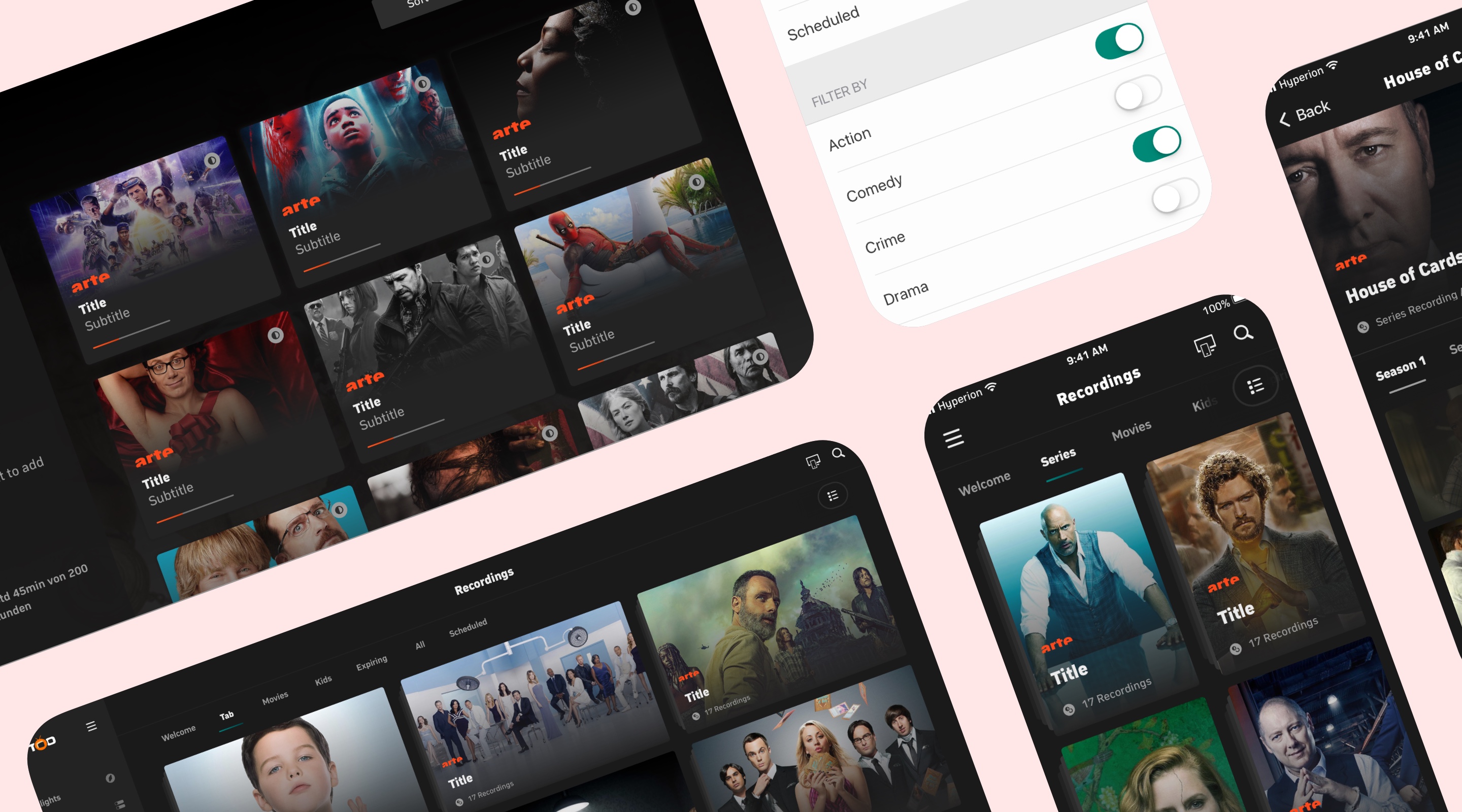 Compilation of screenshots showing the final redesigned Zattoo recordings interface across different devices