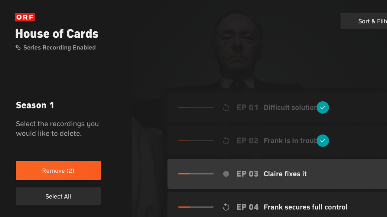 Screenshot showing the batch deletion feature in the Zattoo recordings interface