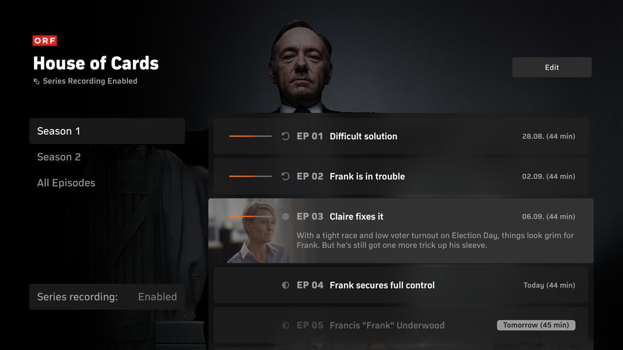 Screenshot showing how TV series episodes are grouped and displayed in the Zattoo recordings interface