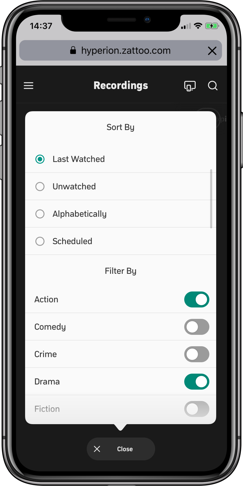 Screenshot showing the filtering and sorting options in the Zattoo recordings interface